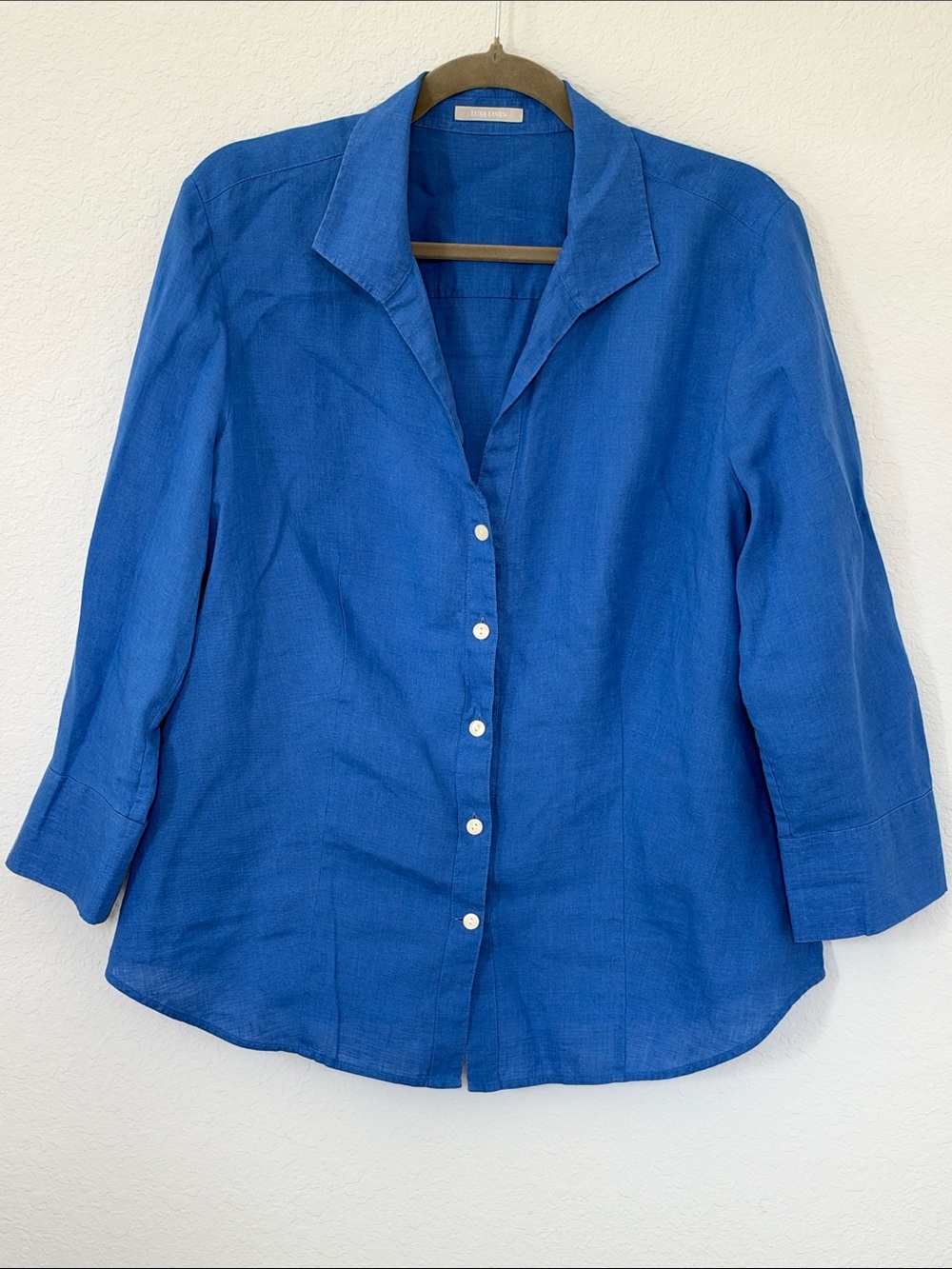 Luxe Linen 100% Linen Blue Button Front 3/4 Sleeve Blouse